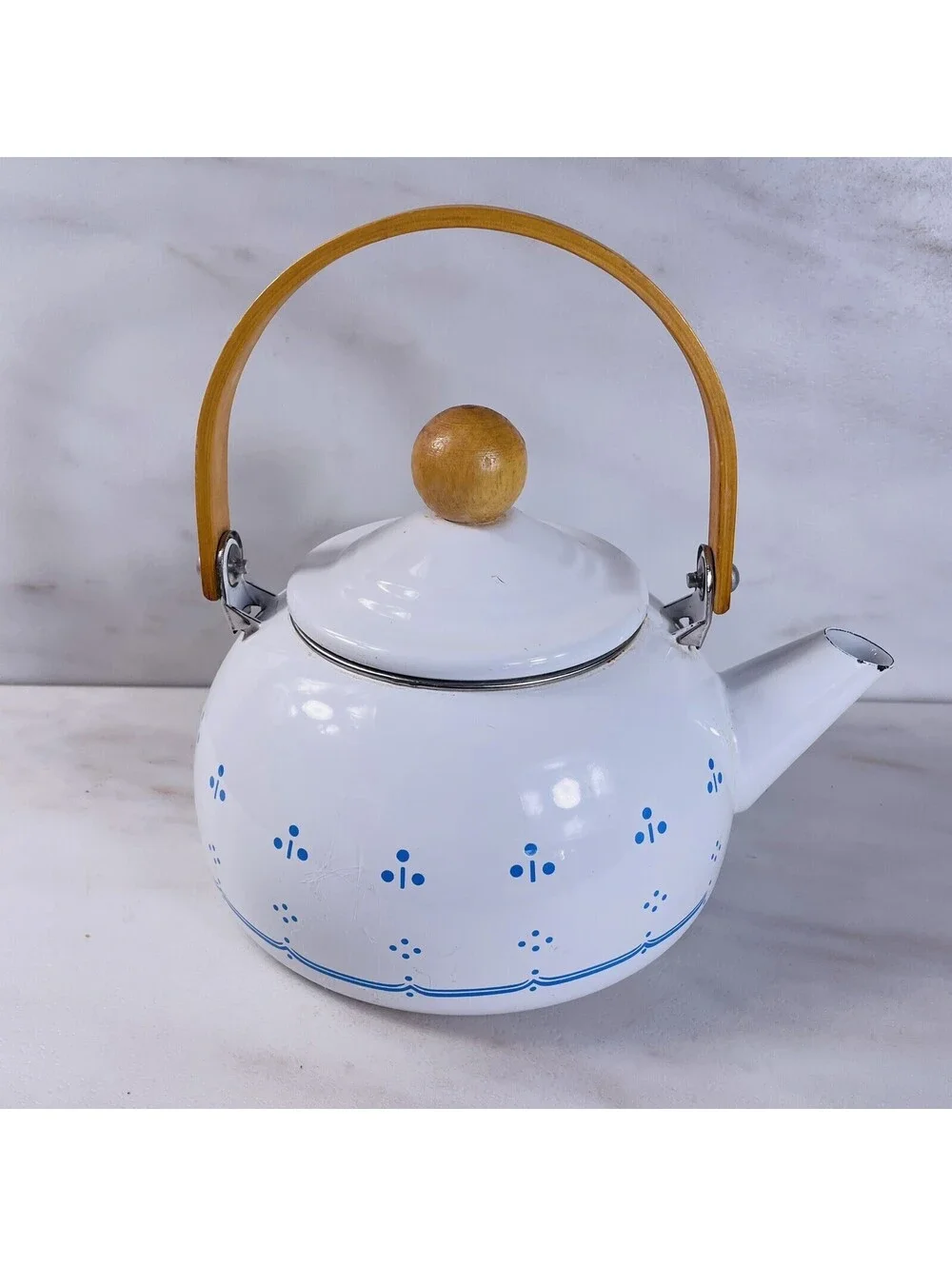 Vintage Enamelware Teapot Blue & White Wooden Handle Cottage Core Boho Kettle